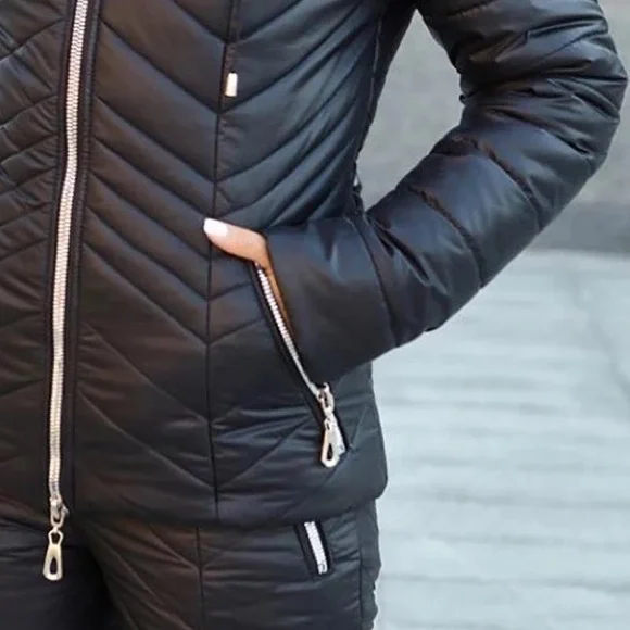 Chalet Puffer coordinate set snow ski jacket & high waisted pants pink red black - Picture 4 of 16